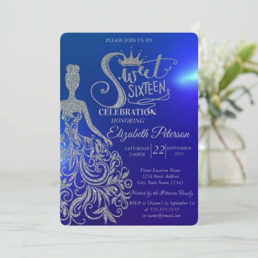 Silver Glitzer, Tiara, Diamonds Blue Einladung (Stehend Vorderseite)