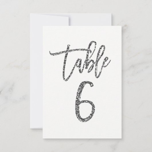 Silver Glitzer Trendy Moderne Script Tischnummer 6 (Rückseite)