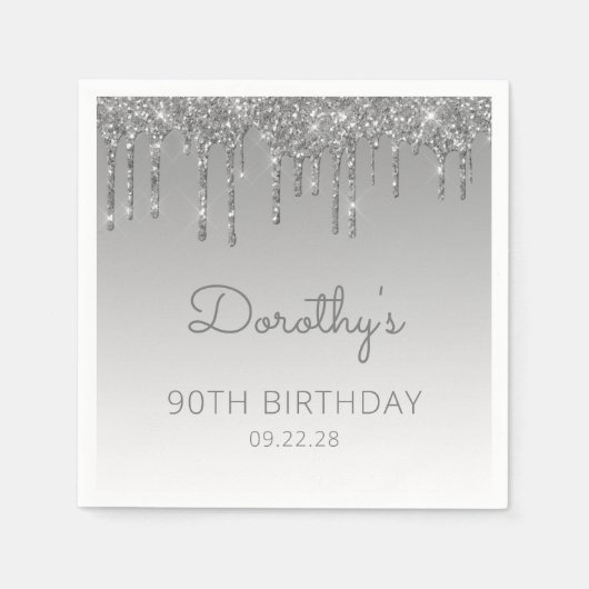 Silver Glitzer Tropfen 90. Geburtstagsparty Serviette (Vorderseite)
