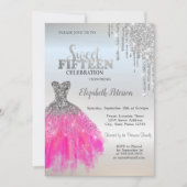 Silver Glitzer Tropfen, Adorable Dress Quinceanera Einladung (Vorderseite)