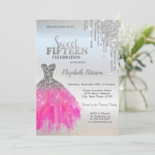 Silver Glitzer Tropfen, Adorable Dress Quinceanera Einladung (Stehend Vorderseite)