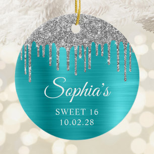 Silver Glitzer Tropfen Aqua Blue Sweet 16 Foto Keramik Ornament