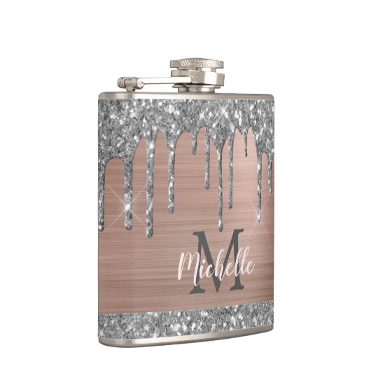 Silver Glitzer Tropfen auf Rosa Metal Mit Monogram Flachmann (Rechts)