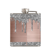 Silver Glitzer Tropfen auf Rosa Metal Mit Monogram Flachmann (Rückseite)