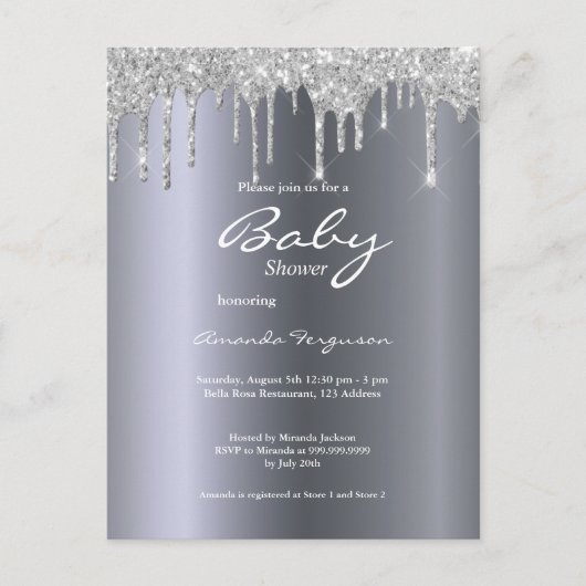 Silver Glitzer Tropfen Baby Dusche Einladung Postkarte (Vorderseite)