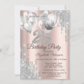 Silver Glitzer Tropfen Balloons 25. Geburtstag Einladung (Vorderseite)