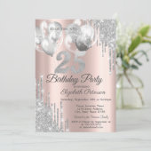 Silver Glitzer Tropfen Balloons 25. Geburtstag Einladung (Stehend Vorderseite)