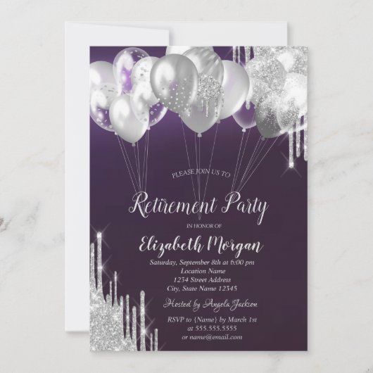 Silver Glitzer Tropfen Balloons Lila Rente Einladung (Vorderseite)
