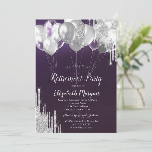 Silver Glitzer Tropfen Balloons Lila Rente Einladung (Stehend Vorderseite)