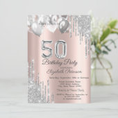 Silver Glitzer Tropfen Balloons Rose Gold 50. Einladung (Stehend Vorderseite)