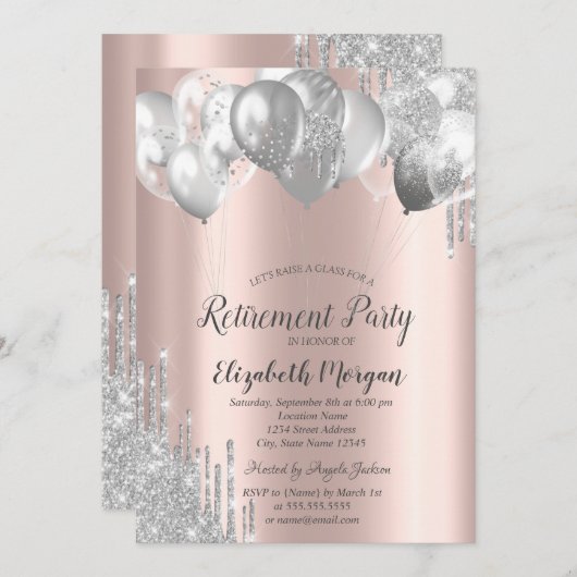 Silver Glitzer Tropfen Balloons Rose Gold Rente Einladung (Vorne/Hinten)