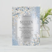 Silver Glitzer Tropfen Blue Blumen Sweet 16 Einladung (Stehend Vorderseite)