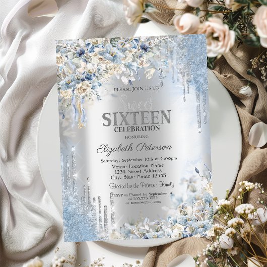 Silver Glitzer Tropfen Blue Blumen Sweet 16 Einladung