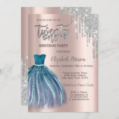 Silver Glitzer Tropfen, Blue Dress 21. Geburtstag Einladung (Vorne/Hinten)