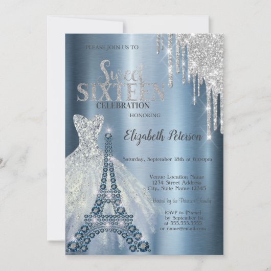 Silver Glitzer Tropfen, Blue Dress Eiffelturm Einladung (Vorderseite)