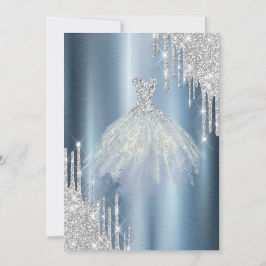 Silver Glitzer Tropfen, Blue Dress Metallic Sweet  Einladung (Rückseite)