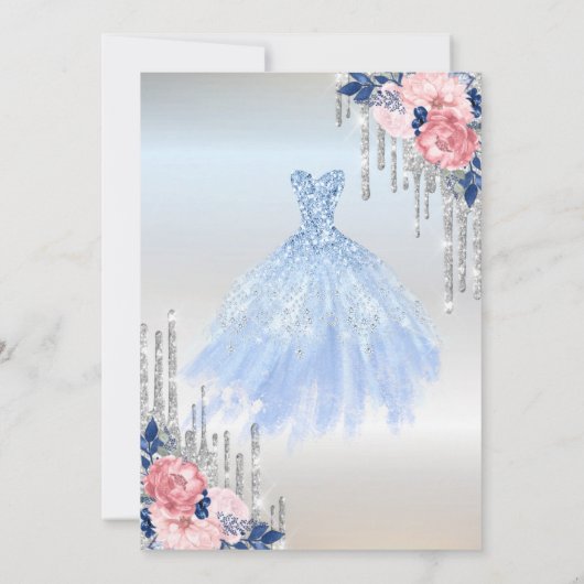 Silver Glitzer Tropfen, Blue Dress Rose Quinceaner Einladung (Rückseite)