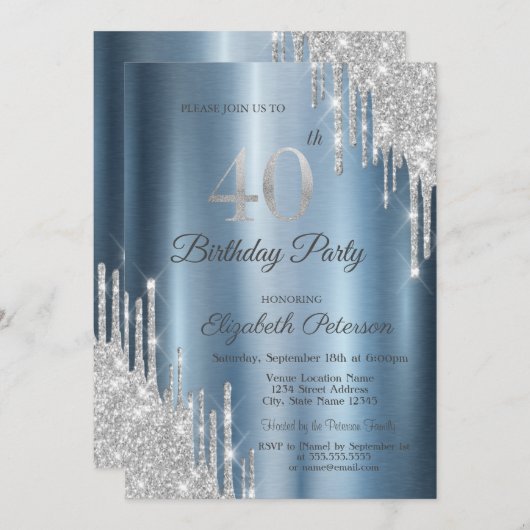 Silver Glitzer Tropfen Blue Metallic 40. Geburtsta Einladung (Vorne/Hinten)