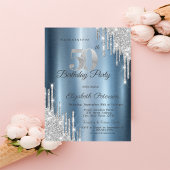 Silver Glitzer Tropfen Blue Metallic 50. Geburtsta Einladung