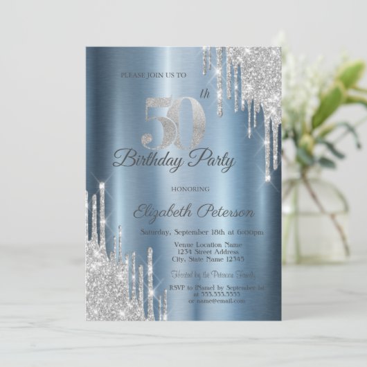 Silver Glitzer Tropfen Blue Metallic 50. Geburtsta Einladung (Stehend Vorderseite)