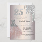 Silver Glitzer Tropfen, Chic Dress 25. Geburtstag Einladung (Vorderseite)