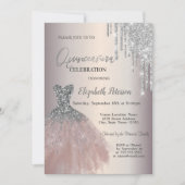 Silver Glitzer Tropfen, Chic Dress Quinceañera Einladung (Vorderseite)