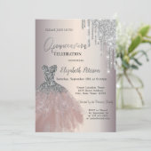 Silver Glitzer Tropfen, Chic Dress Quinceañera Einladung (Stehend Vorderseite)