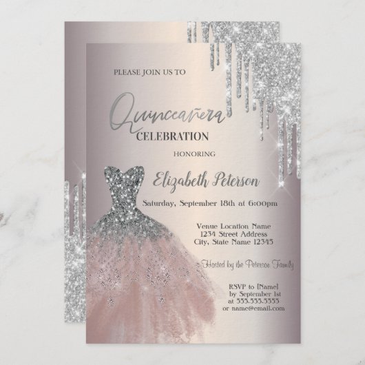 Silver Glitzer Tropfen, Chic Dress Quinceañera Einladung (Vorne/Hinten)