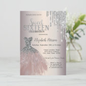 Silver Glitzer Tropfen, Chic Dress Sweet 16 Einladung (Stehend Vorderseite)