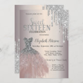 Silver Glitzer Tropfen, Chic Dress Sweet 16 Einladung (Vorne/Hinten)