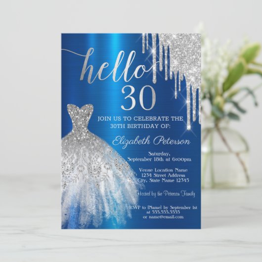 Silver Glitzer Tropfen Dress Blue Metallic 30. Einladung (Stehend Vorderseite)