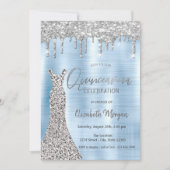 Silver Glitzer Tropfen, Dress Blue Quinceañera Einladung (Vorderseite)