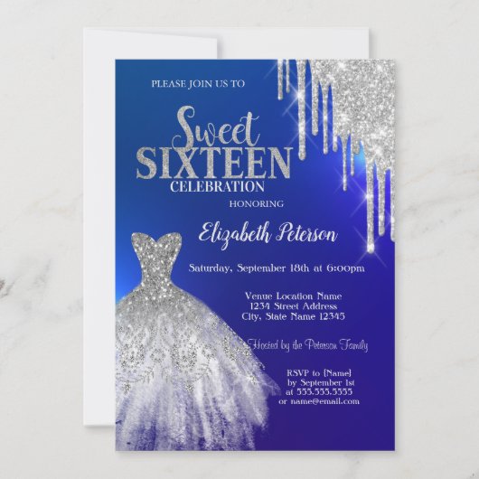 Silver Glitzer Tropfen, Dress Blue Sweet 16 Einladung (Vorderseite)