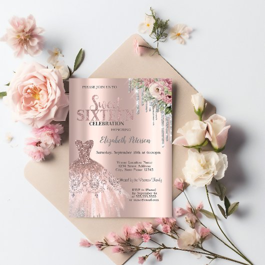 Silver Glitzer Tropfen, Dress Blume Sweet 16 Einladung