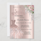 Silver Glitzer Tropfen, Dress Blume Sweet 16 Einladung (Vorderseite)