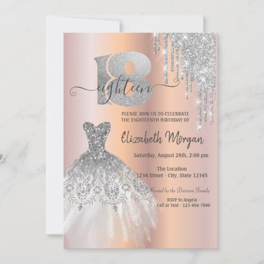 Silver Glitzer Tropfen Dress Rose Gold 18. Geburts Einladung (Vorderseite)