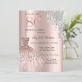 Silver Glitzer Tropfen, Dress Rose Gold 80. Geburt Einladung (Stehend Vorderseite)