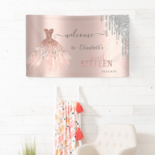 Silver Glitzer Tropfen, Dress Rose Gold Sweet 16 Banner (Insitu)