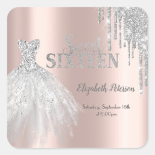 Silver Glitzer Tropfen, Dress Rose Gold Sweet 16 Quadratischer Aufkleber