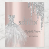 Silver Glitzer Tropfen, Dress Rose Gold Sweet 16 Weinetikett (Einzelnes Label)