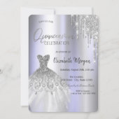 Silver Glitzer Tropfen Dress Violet Quinceañera Einladung (Vorderseite)