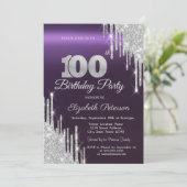 Silver Glitzer Tropfen Dunkel Lila 100. Geburtstag Einladung (Stehend Vorderseite)