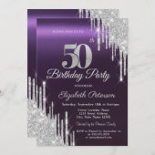 Silver Glitzer Tropfen Dunkel Lila 50. Geburtstag Einladung (Vorne/Hinten)