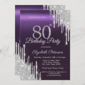 Silver Glitzer Tropfen Dunkel Lila 80. Geburtstag Einladung (Vorne/Hinten)