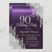 Silver Glitzer Tropfen Dunkel Lila 90. Geburtstag Einladung (Vorne/Hinten)