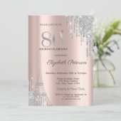 Silver Glitzer Tropfen, Eiffelturm 80. Geburtstag Einladung (Stehend Vorderseite)