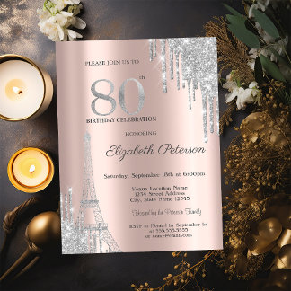 Silver Glitzer Tropfen, Eiffelturm 80. Geburtstag Einladung