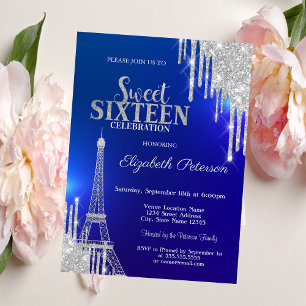Silver Glitzer Tropfen, Eiffelturm Blue Sweet 16 Einladung