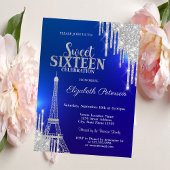 Silver Glitzer Tropfen, Eiffelturm Blue Sweet 16 Einladung