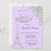 Silver Glitzer Tropfen, Eiffelturm Sweet 16 Invit Einladung (Vorderseite)